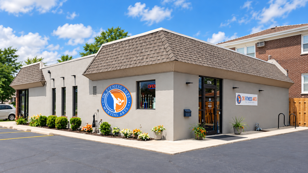 Exterior and entrance of DK Fitness Arts Taekwondo in Arlington Heights.