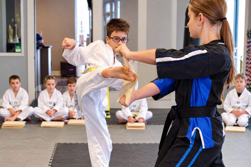 DKFA student breaking a board during Taekwondo Class.