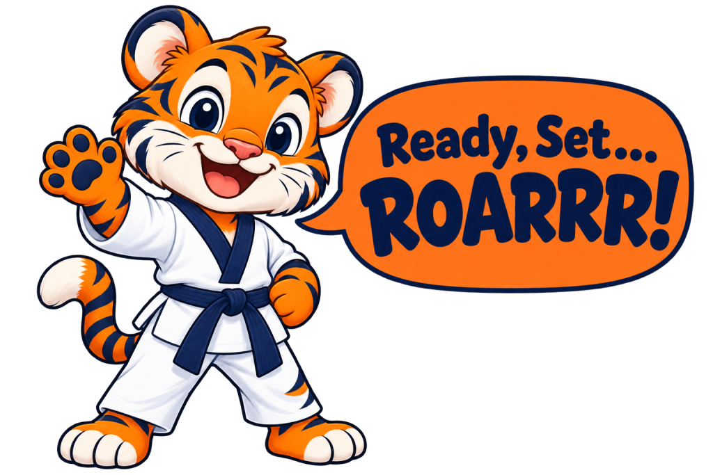 Waving Tiger Tots mascot saying, “Ready, Set… ROARRR!”