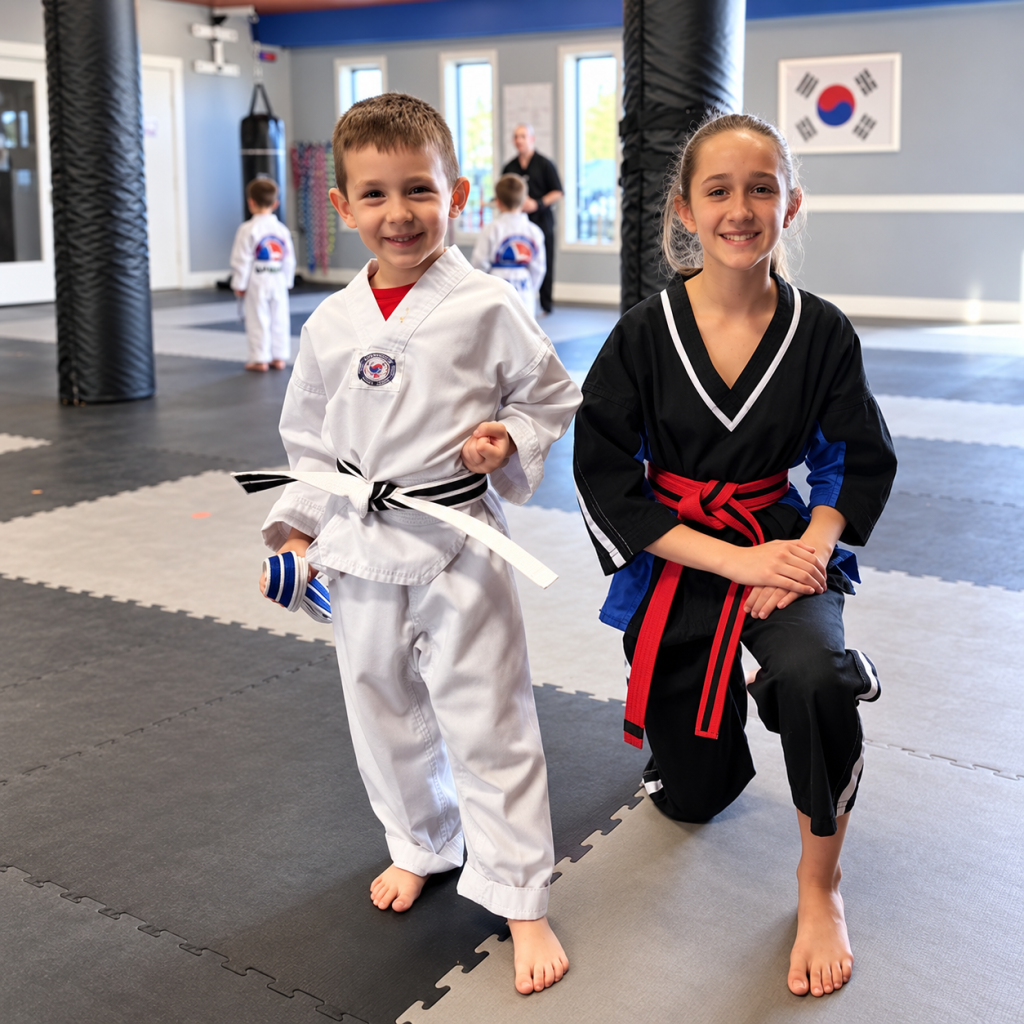 Tiger Tots student smiling beside his instructor while holding his striped belt.